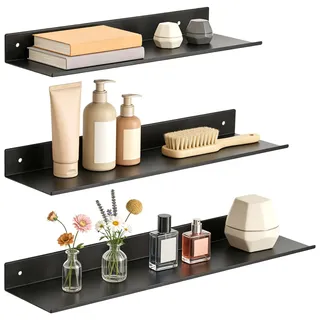 Romon Schwarz Metallregal Set, 3 Größen Schweberegal ohne Bohren, Schraubenmontage Schmal Regal Wand, Multifunktionales Badregal & Küchenregal & Rostfest Duschablage für Bad Küche Wohnzimmer Flur
