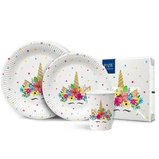 PAW - Partygeschirr Set I 16 Personen, 68 Elemente I Party Geschirrset - 20 x Papierservietten, 32 x Pappteller, 16 x Pappbecher I Einweggeschirr Set - Einhorn, Party, Bunt, Sterne (Unicorn Party)