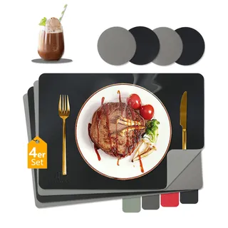 HELI MIAO Tischsets Abwaschbar,Platzsets Abwischbar, Leder,Hitzebeständig Doppelseitigen I 4er Set Platzdeckchen Lederoptik mit Untersetzer,Tischuntersetzer rutschfest,Schwarz+grau
