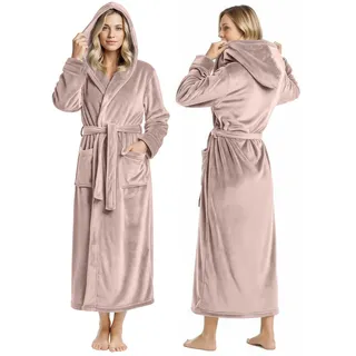 NY Threads Damen-Bademantel aus Fleece mit Kapuze, langer Plüsch-Bademantel, taupe, 36