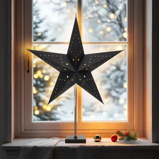 Spetebo Papier Weihnachtsstern Tischleuchte auf Fuß 60 cm - schwarz - Dekostern Tischlampe für E14 Glühbirnen - Weihnachten Advent Winter Deko Leuchte Stern Tisch Aufsteller beleuchtet