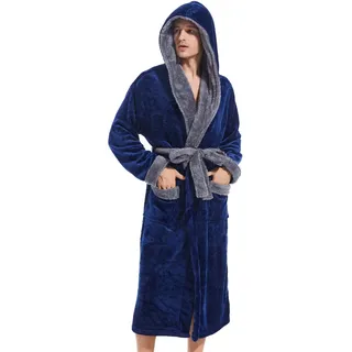 Inner Wish Herren-Bademantel mit Kapuze, Plüsch, lang, gemütlich, warm, flauschig, mit Taschen, Marineblau+dunkelgrau, Large-X-Large