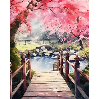 Maysurban Malen nach Zahlen Erwachsene Anfänger,DIY Handgemalt Ölgemälde Kits Auf Leinwand,Riverbank Cherry Blossoms 40 X 50 cm ohne Rahmen
