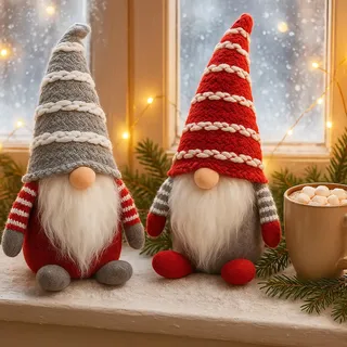 KAMACA Skandi-Wichtel Duo stehende Dekofigur 25 cm hoch mit Zipfelmütze & Rauschebart skandinavische Stoff-GNOME Weihnachtsdeko Geschenk Weihnachten Winterdeko (2er Set Wichtel stehend rot grau)