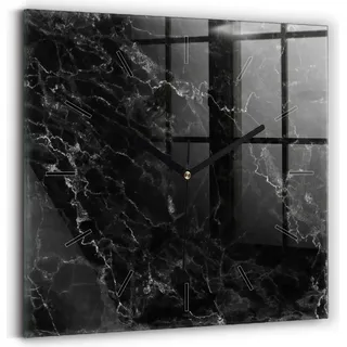 Wallfluent Wanduhr – Stilles Quarzuhrwerk - Uhr Dekoration Wohnzimmer Schlafzimmer Küche - Zifferblatt mit Striche - schwarze Zeiger - 30x30 cm - Dunkler Marmor - Schwarz