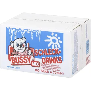 Bussy Mix Schleck Drinks, 100er Pack (100 x 70 ml) | Wassereis-Mix in 5 Sorten: Cola, Zitrone, Waldmeister, Pfirsich & Kirsche. Perfekt für Partys. Einfach einfrieren & genießen!
