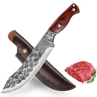 Fubinaty Küche Kochmesser Japanische Hand geschmiedet Ausbeinmesser Full Tang High Carbon Steel Outdoor-Kochmesser Holzgriff Fleisch und Gemüse Messer mit Lederscheide für Startseite Camping Grillen