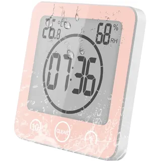 VORRINC Uhr Badezimmer, Badezimmeruhr mit saugnapf, Bad Uhr Badezimmeruhr Wasserdicht Berührungssteuerung °C / °F Luftfeuchtigkeit Temperatur LCD Display, Countdown Timer, 3 Montagemethoden (Rosa)