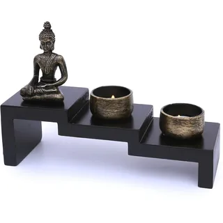 Zen Garten mit Buddha Figur - Japanischer Miniatur Garten - Feng Shui Kerzenhalter - Esotherik Set mit 2 Teelichtern - Glücksbringer aus dem Buddhismus und Daoismus (als Teelichthalter)