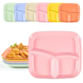 GOLRISEN 6 Stück Teller Set Geteilte Teller mit Unterteilung 3 Fächern Plastikteller Geschirr Plate Speiseteller Partyteller Snack Teller Portionskontrolle Menüteller für Salat Pasta Party Zuhause