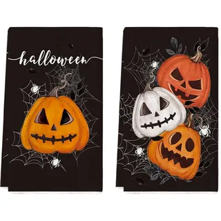 Artoid Mode Schwarz Spinnennetz Jack-o'-Lantern Blätter Halloween Küchentücher Geschirrtücher, 42x65 cm Spinnen Dekoration Polyester Handtücher 2er Set