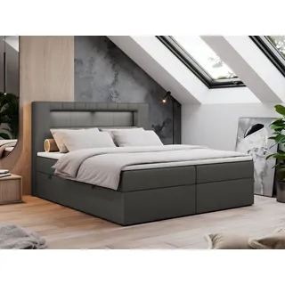 MKS Meble Boxspringbett 120x200 mit Led, Polsterbett mit LED Kopfteil - Multipocket-Matratze - Doppelbett - GOLD-5 - 120x200 - Dunkelgrau - Kunstleder - H3 - Grau