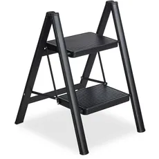 Relaxdays Trittleiter klappbar, 2 Stufen, leichte Treppenleiter Stahl, Leiter bis 120 kg, HxBxT 60 x 42 x 48 cm, schwarz