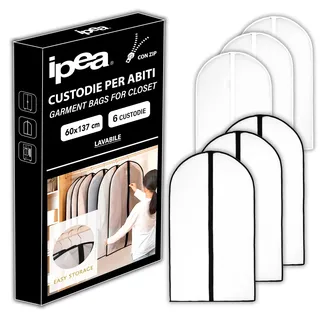IPEA Kleiderhülle mit Reißverschluss, 6 Stück, Kleidertasche zum Aufhängen von Kleidung, Jacken, Hosen, Hemden, Staubdicht und wasserdicht, Schutz vor Flecken und Motten