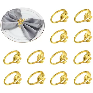 XHYASD 12 Serviettenringe Gold Blattdesign Metall Tischdeko Hochzeit | Legierung, Blatt-Form, poliert, 12 Stück, Ø 4,3 cm, für Weihnachten, Hochzeit, Festessen, Thanksgiving
