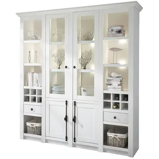 Furn.Design Buffetschrank weiß Pinie Landhaus, Vitrinenschrank mit Weinregal 194 x 207 cm , Weiß , Metall , Nachbildung,Pinie , Uni , 12 Fächer , Sockel , 194x207x45 cm , FSC 100% , Esszimmer, Vitrinen, Vitrinenschränke