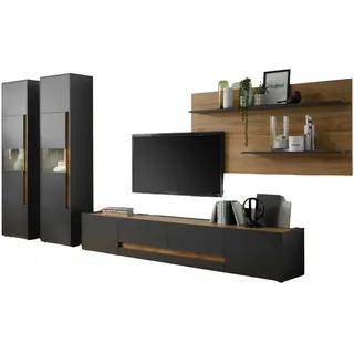Furn.Design Wohnwand 4-teilig grau matt, Eiche Wotan 400 cm, Kombination mit XL-TV-Schrank , Holz , Nachbildung,Eiche , Uni, Holz Optik , 6 Fächer , 2 Schubladen , 400x197x45 cm , Wohnzimmer, Wohnwände
