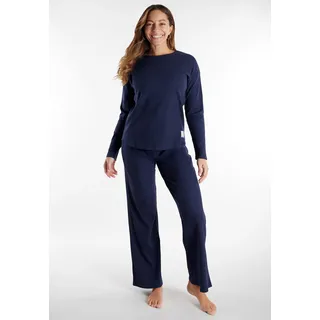 Loungeanzug TOM TAILOR "Sitia", Damen, Gr. 44 (XXL), blau (blau, mittel, uni), Obermaterial: 60% Baumwolle, 35% Polyester, 5% Elasthan, unifarben, bequem normal, Rundhals, gerader Abschluss, Homewear-Sets Loungeanzug, basic, bequem, unifarben, Langarm, Rundhalsausschnitt, Baumwollmix