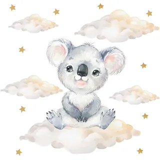 Pandawal Kinderzimmer Deko Wandtattoo Koala mit Wolken Sterne Junge Mädchen Wandsticker Baby Safari Tiere Wandaufkleber (M, Koala)