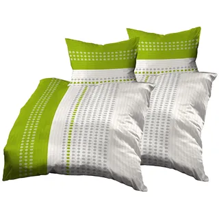 Gerald Wittmann 4teilig Bettwäsche-Set 2X 140x200 cm + 2X 70x90 cm, Baumwolle Seersucker, Gepunktet Streifen Grün Weiß Grau