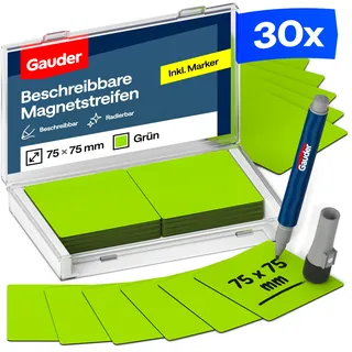 GAUDER Magnetetiketten beschreibbar - Wiederverwendbare Magnetschilder zum Beschriften für Whiteboard, Tafel, Kanban-Board und Kühlschrank - Magnetkarten mit Marker (30 Stück - 75 x 75 mm)