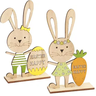 YIEUR 2 Stück Osterhasen Holz Figuren groß Aufsteller Ostern Hase mit Blumen Deko, 19cm Osterdeko Hasen Osterhasen Holz zum Hinstellen für Draußen Tischdeko Garten Deko (Gelb)