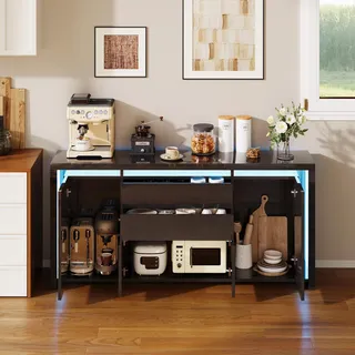 UnboxG Sideboard Schwarz Hochglanz mit LED, 4 Türen & 2 Schubladen, Aufbewahrungsschrank für Wohnzimmer, Stauraum & Dekoration - Schwarz