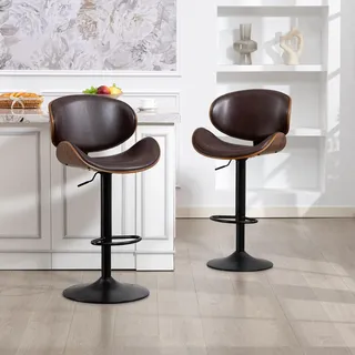okwish Barhocker Drehbar 2er Set Höhenverstellbar Ergonomische Rückenlehne mit Fußstütze Für Kücheninsel und Bartheke Kunstleder Braun - Braun