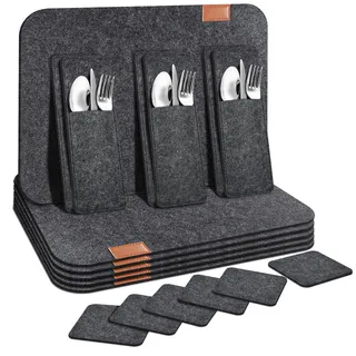 cheerhom Tischset aus Filz 18er Set, 6 Tischsets Abwaschbar Platzsets rutschfest Hitzebeständig Platzdeckchen mit 6 Untersetzer 6 BestecksäCken für Küche Speisetisch, 44x33cm【Anthrazit】