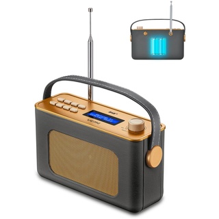 Tragbarer Retro Design DAB Plus/FM Radio, Bluetooth Lautsprecher DAB + Radio mit Wiederaufladbarer Lithium-Akku, Radiowecker, Starkem Empfang, Inklusive DC Netzkabel (Grau)