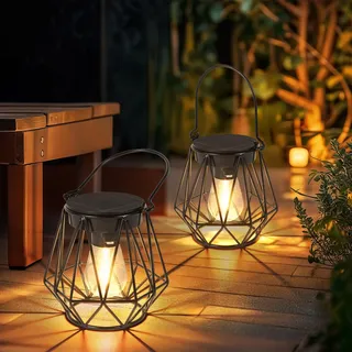 Ketom Solarlampen für Außen Hängend/Stehend, 2 Stück Retro LED Solar Laternen, IP65 Wasserdicht Metall Solarlaternen, für Garten, Draußen, Patio, Weg, Camping, Rasen, Schwarz, Sechseck