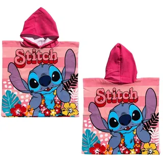 CARTOON Poncho für Mädchen Stitch 50 x 100 cm Bademantel Mikrofaser 100 % Polyester schnelltrocknend Poncho mit Kapuze Rosa Tropisch Disney Geschenkidee