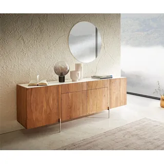 DELIFE Sideboard Secara 200 cm Akazie Natur 4 Türen 2 Schübe Marmor Füße Edelstahl - Hellbraun
