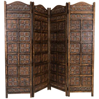Orientalischer Paravent Kamala modern aus Holz in Dunkelbraun 200 cm | Der handgeschnitzte Massivholz-Paravent Kamala verbindet vier Elemente mit durchbrochenen orientalischen Ornamenten im Raum.
