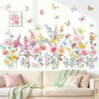 decalmile Wandtattoo Blumen Garten Wandaufkleber Wildblumen Blumenwiese Wiesenblumen Blume Bunt Wandsticker Kinderzimmer Mädchen Schlafzimmer Wohnzimmer Sofa Wanddeko