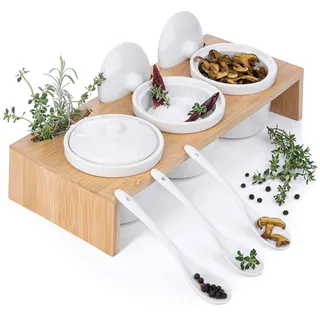 GOODS+GADGETS Servierschalen Set aus Porzellan-Schalen mit Löffeln und Deckeln; 3 Schälchen im Servier-Tablett & Servierbrett-chen als Gewürzbehälter für Snacks, Öle, Salz, Gewürze, Chili & Dressing