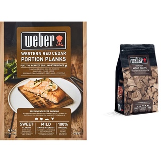 Weber 17832 Räucherbretter aus Zedernholz 11x15 cm, 4 Stück, Räuchern, Aroma, Grillen & 17624 Räucherchips Hickory 700g, Räuchern, Aroma, Grillen, Braun, 17.8x8.9x30.5 cm