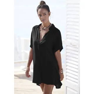 Longbluse LASCANA, Damen, Gr. 38, schwarz, Crêpe, Obermaterial: 100% Viskose, unifarben, figurumspielend kurz, mit Aufschlag, Blusen Longbluse, mit Knopfleiste, Kurzarmbluse, Blusenkleid, sommerlich, Topseller
