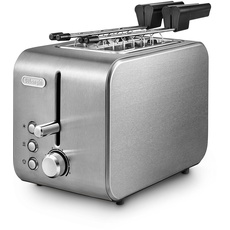 De'Longhi CTX2203.S Toaster mit Zange, stufenweise Kontrolle des Röstgrads, 3 Funktionen, Krümelschublade, rutschfeste Füße, Leistung 550 Watt, Kunststoff, Silber