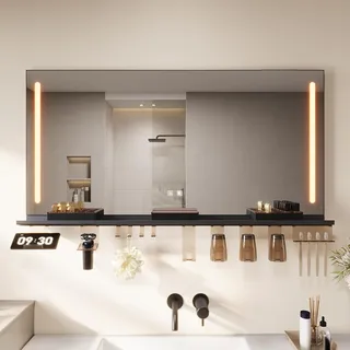SONNI Badezimmerspiegel mit Beleuchtung 120x60 cm, Offenes Regal (inkl. Handyhalter), Touchsensor, 3 Lichtfarben, Anti-Beschlag & Standby-Memory – Ideal für Gästezimmer und Ferienwohnungen