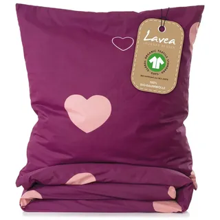 LAVEA Lavea® Milena Bettwäsche Kinder Set, Kinderbettwäsche aus 100% Bio-Baumwolle, mit Herzmotiv, weiche Bezüge für Bettdecke und Kopfkissen, mit Reißverschluss, Bordeaux Rosa 100 x 135 cm und 40 x 60 cm