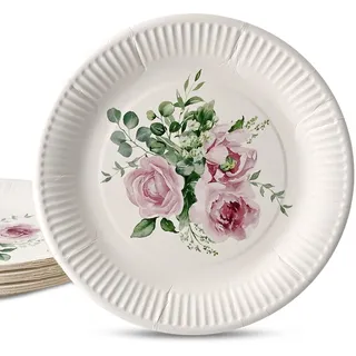 GREENBOX 8x Pappteller für Geburtstage 23 cm Rosen & Eukalyptus - Partygeschirr plastikfrei - Einweggeschirr, JGA Deko