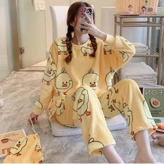 ZHRDRJB Schlafanzug Damen Pyjama Set,Herbst Winter Runde Hals Pullover Pyjamas Gelb Küken Langarm Sleepwear Anzug Dick Warm Coral Flanell Nachthemd Weibliche Lose Homewear Plus Size