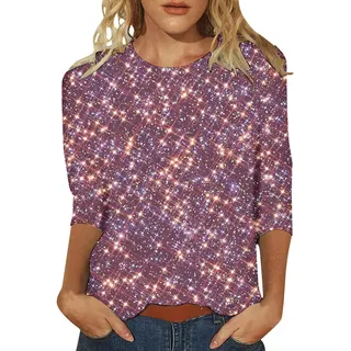 Glitzer Bedruckt Oberteile Damen 3/4 arm Pailletten Drucken Shirt Festlich Elegant Große Größen Blusen Silvester Outfit Rundhals Pullover Party Festliche Top