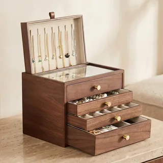 Baolivi Schmuckkasten aus Holz für Schmuckaufbewahrung, Massivholz Schmuckkästchen Schmuckbox Holz mit Glasabdeckung und Halskettenhalter, 4 Ebenen Schmuckschatulle Groß für Ringe, Halskette