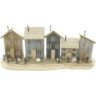 FRANK FLECHTWAREN Maritime Dekohäuser Strandpromenade aus Holz mit Muscheln, 39x10x15cm, Handgefertigt, Küsten Deko für Wohnzimmer & Fensterbank