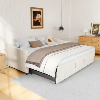 Schlafsofa 90x200 cm in weißem Samt, ausziehbar auf 180x200 cm mit hydraulischen Hubmechanismen, Seitentaschen und modernem Design - Weiß