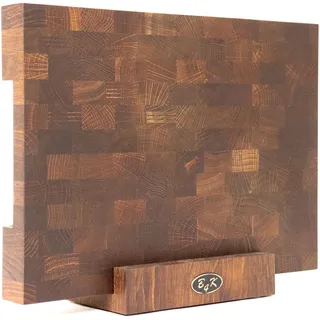 B4K® 37х27х4,3 cm mit Ständer aus Eiche Stirnholz | Handgefertigtes Mooreiche Schneidebrett mit Griffen | Antibakterielles Hirnholzbrett mit rutschfesten Silikonfüßen | Premium Küchenbrett aus Holz