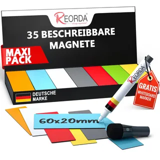 Reorda® Magnetstreifen beschreibbar – 35 Stück - 60x20mm (+ Stift) | Wiederbeschreibbar, beschreibbare Magnete für Whiteboard, Kanban, Magnettafel - beschriftbare Magnete für den Kühlschrank