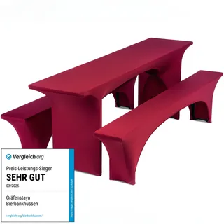 Gräfenstayn® Leopold Stretch - Biertischhussen-Set 3 TLG für Bierzeltgarnitur - 50cm oder 70cm Tischbreite - mit Öko-Tex Siegel Standard 100 : "Geprüftes Vertrauen 30566 (Bordeaux, 50x220cm)